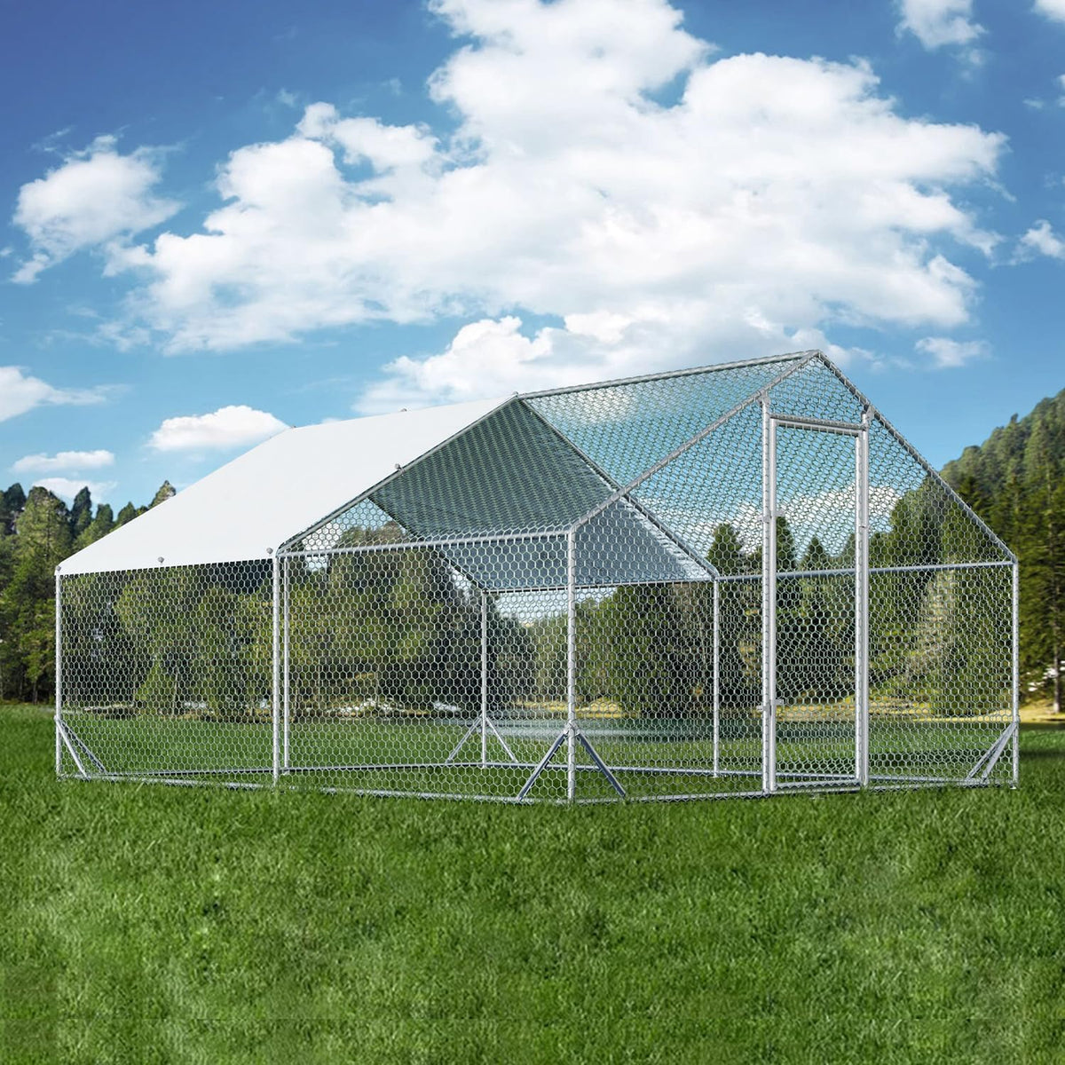 4ever2buy Large Metal Chicken Coop with Run Walk-in Poultry Cage Chicken Runs House Pen Cage Spire