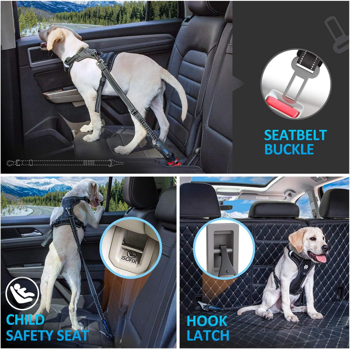 Dog Seat Belt 3-in-1 Car Harness for Dogs Adjustable Safety Seatbelt for Car Nylon Reflective