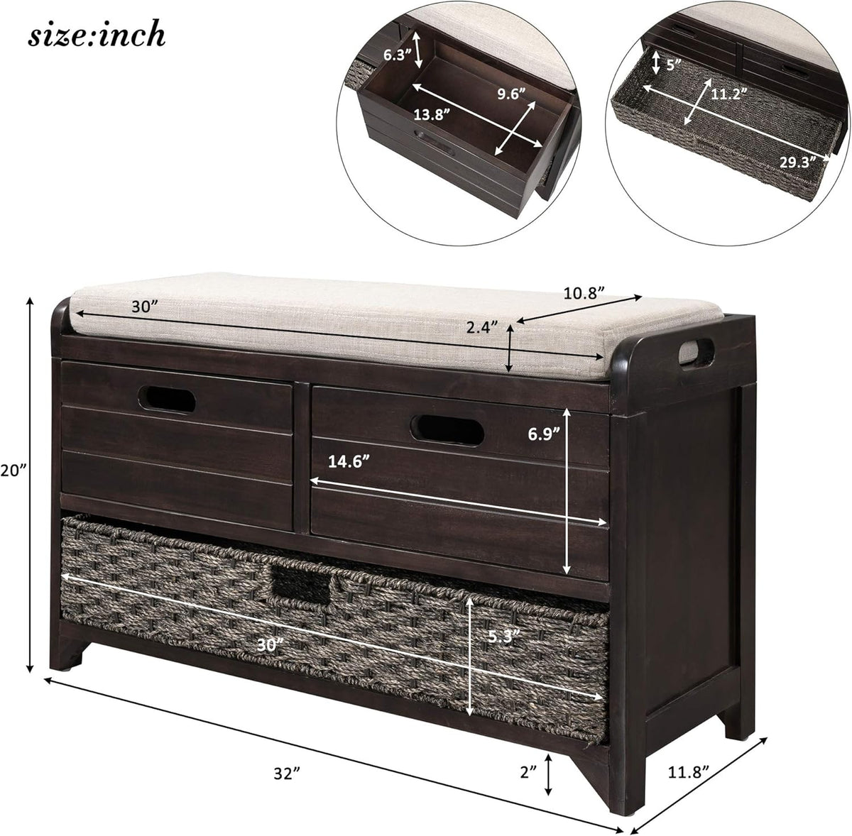 Storage Bench with Removable Basket 2 Drawers Fully Assembled Acacia Wood Shoe Bench Standing Shoe