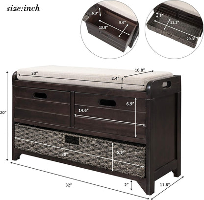 Storage Bench with Removable Basket 2 Drawers Fully Assembled Acacia Wood Shoe Bench Standing Shoe
