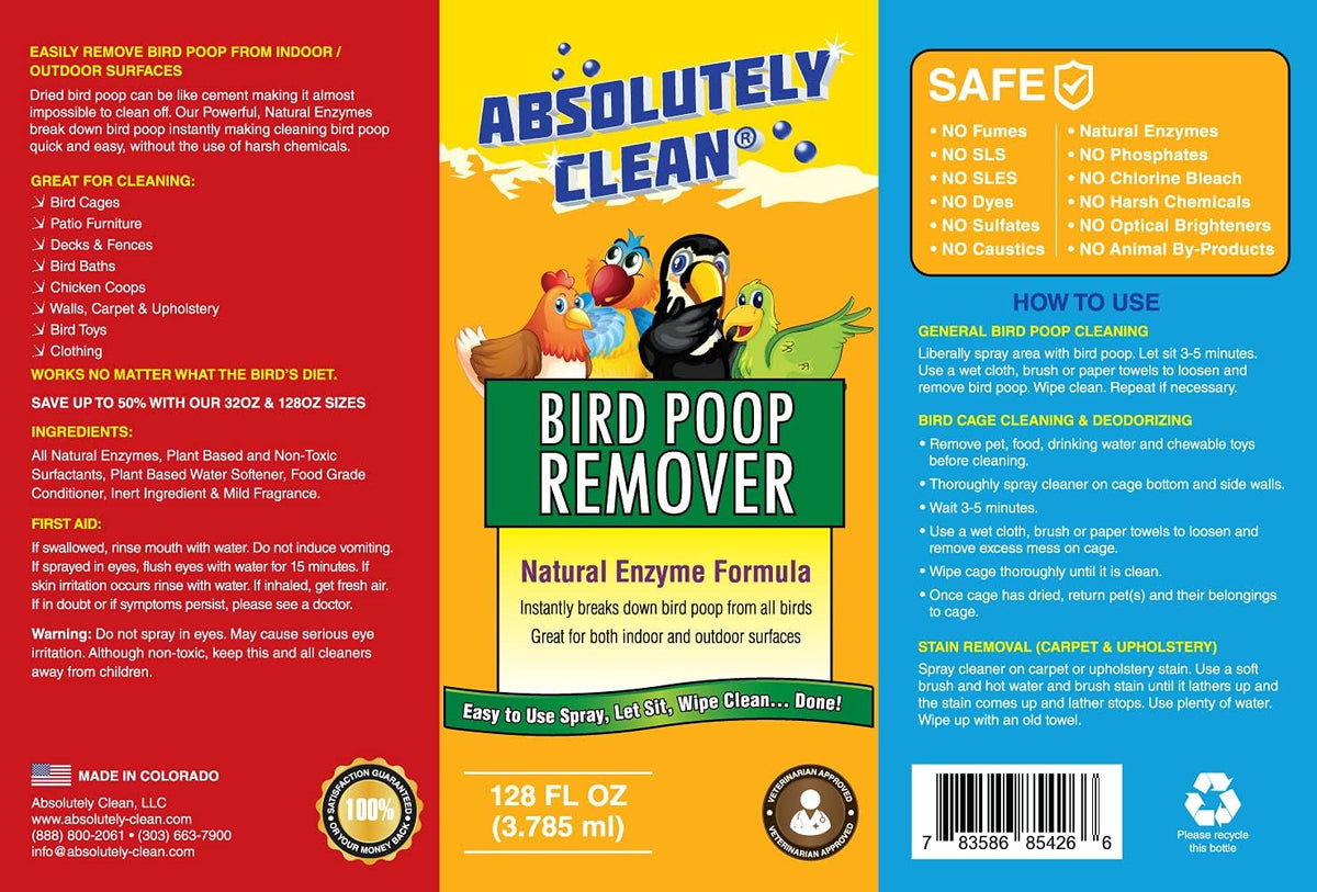 Absolutely Clean Amazing Bird Poop Remover - Just Spray/Wipe - Safely & Easily Removes Bird Messes