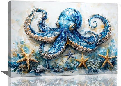 Octopus Bathroom Pictures Wall Art, Sea Animal Ocean Bathroom Wall Decor, Nautical Framed Painting