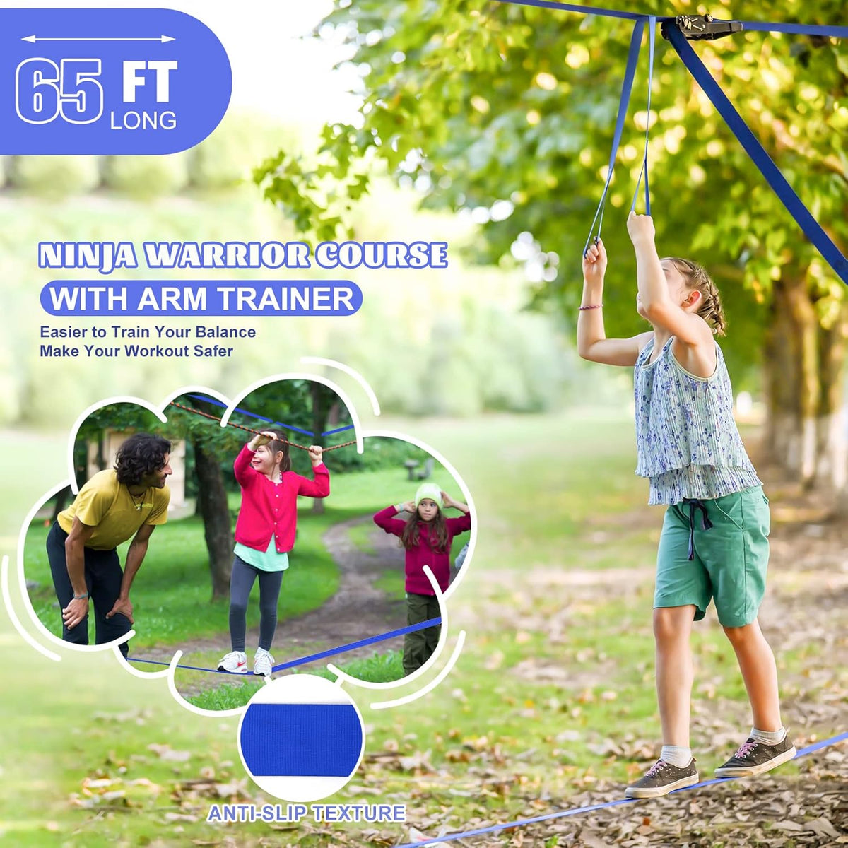 2x65 FT Ninja Warrior Obstacle Course for Kids with 13 Ninja Accessories - 600lbs Weight Capacity
