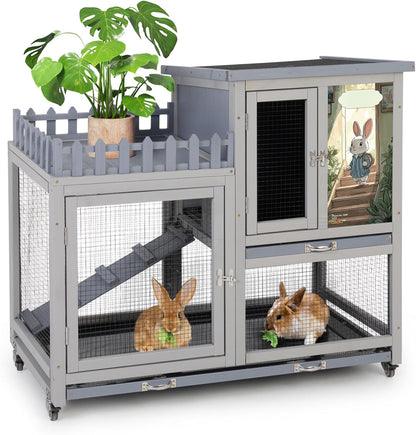 Wood Rabbit Hutch with Balcony - Small Animal House Bunny Cage on Wheels for Indoor Outdoor, Rabbit