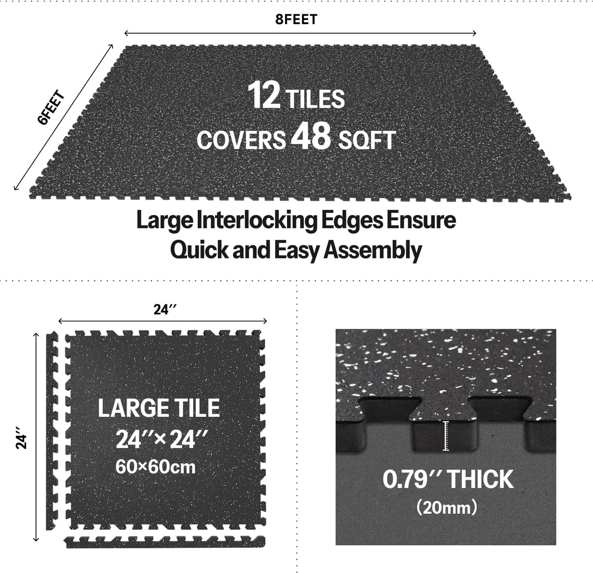 AIRHOP 0.79in Thick 48 Sq Ft Exercise Equipment Mats, 12 Tiles Upgraded Rubber Top with High
