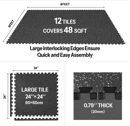 AIRHOP 0.79in Thick 48 Sq Ft Exercise Equipment Mats, 12 Tiles Upgraded Rubber Top with High