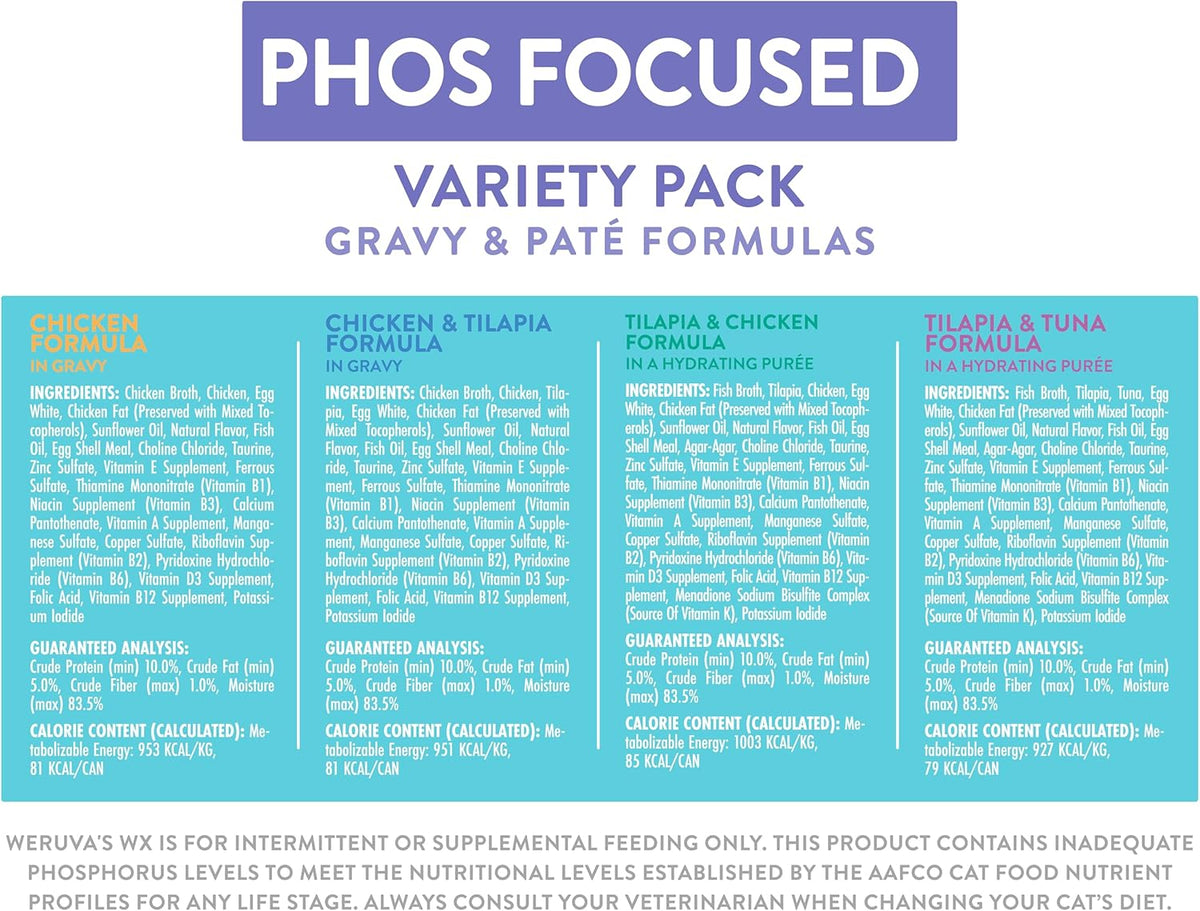 Weruva Wx Phos Focused, Pate & Gravy Formulas Variety Pack, 3oz Can (Pack of 12)