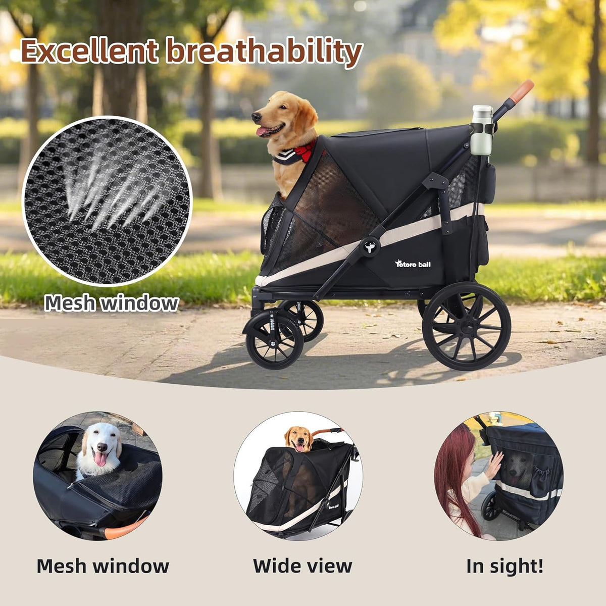 Dog Stroller for Large Dogs One-Click Folding 4 Wheel Foldable Dog Stroller for 2 Dogs with Storage