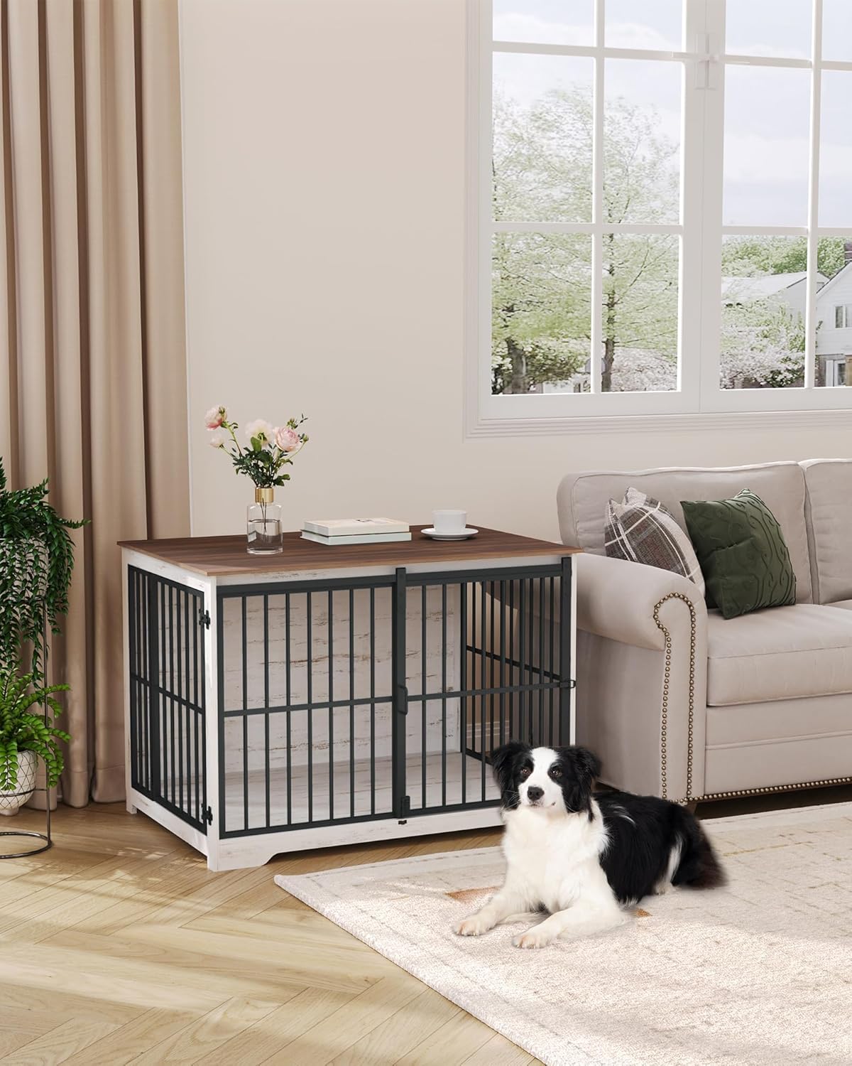 XL Large Dog Crate Furniture, 44.1" Indoor Dog Kennel Furniture with Barn Door, Wooden Tall Dog
