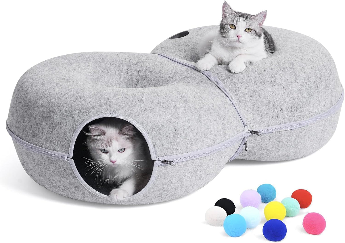 8-Shaped Large Cat Tunnel Bed for Indoor Cats, Infinite Circulation Peekaboo Cat Cave with 12 Toy
