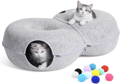 8-Shaped Large Cat Tunnel Bed for Indoor Cats, Infinite Circulation Peekaboo Cat Cave with 12 Toy