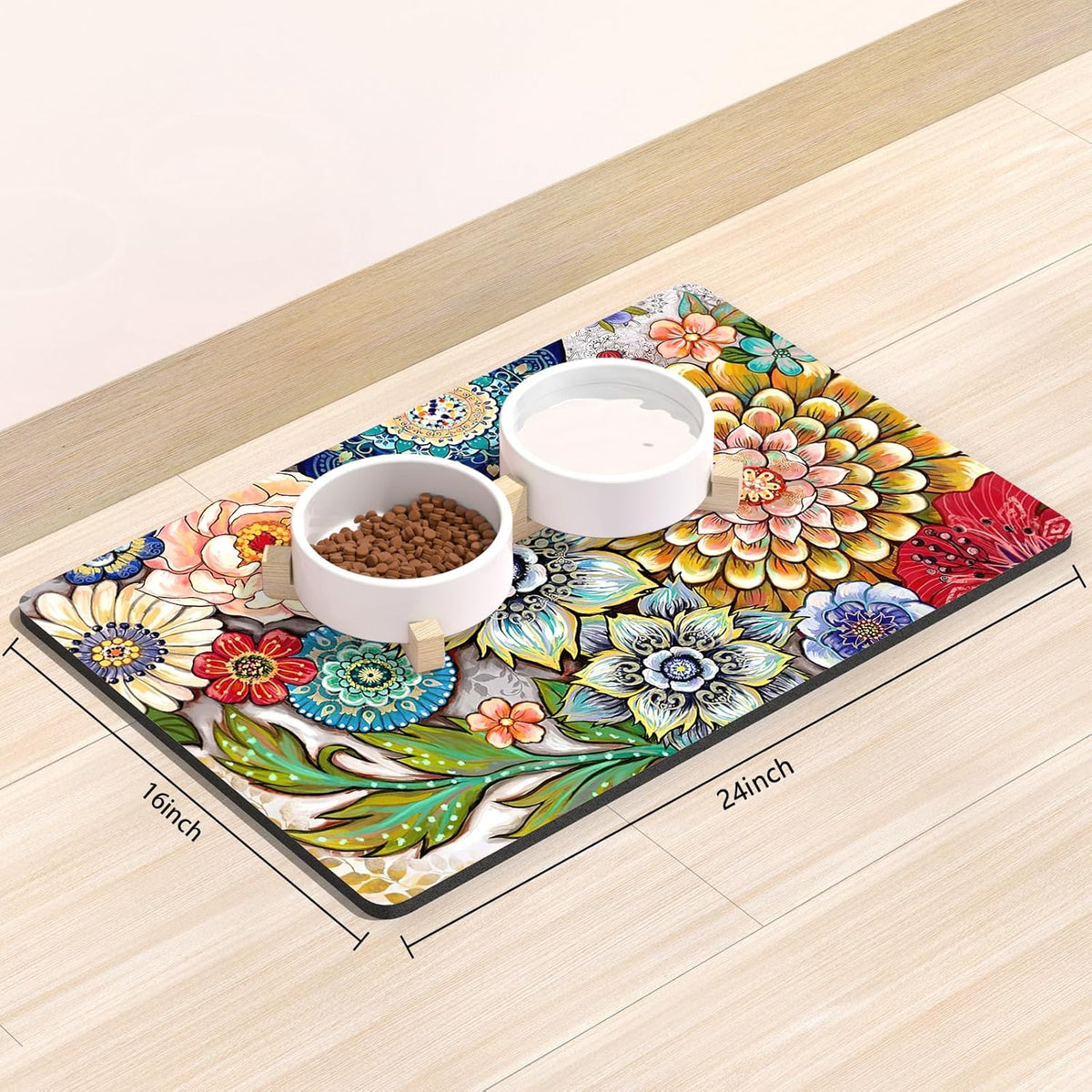 Rnivvi Dog Food Mat, 16" x 24" Flower Absorbent Dog Cat Bowl Mat for Food and Water, Cute Anti-Slip