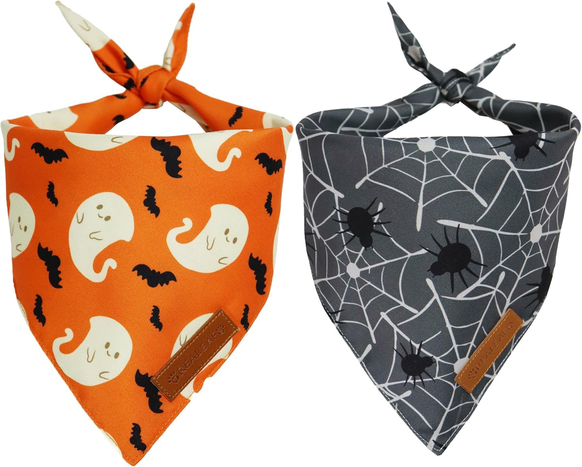 Realeaf Halloween Dog Bandanas 2 Pack, Reversible Orange Gray Pet Scarf for Boy and Girl, Premium