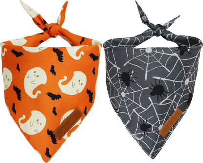 Realeaf Halloween Dog Bandanas 2 Pack, Reversible Orange Gray Pet Scarf for Boy and Girl, Premium