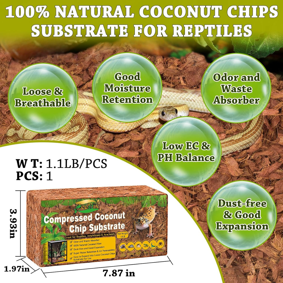 ZeeDix Natural Coconut Chips Substrate for Reptiles, Coconut Fiber Husk Reptiles Bedding