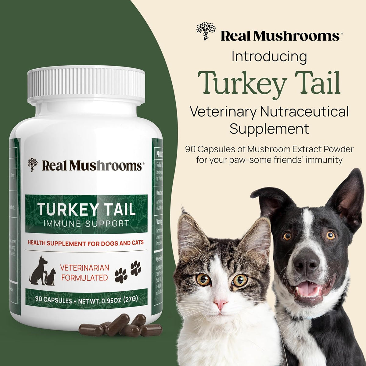 Real Mushrooms Turkey Tail Capsules for Pets –Cat Probiotics & Dog Vitamins – Organic Mushroom