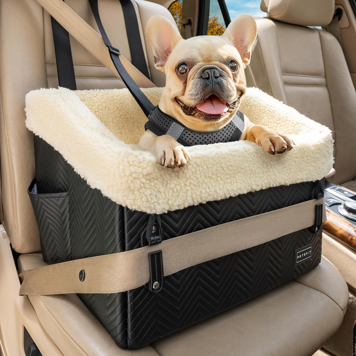 PETSFIT Small Dog Car Seat, Waterproof PU Leather Dog Booster Car Seat with Patented Safe Buckles