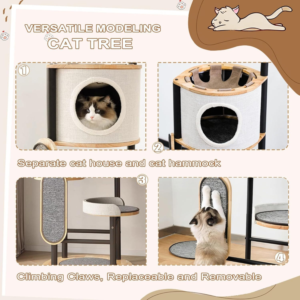 Cat Tree, 66In Cat Tower with Scratching Post, Tall Multi-Level Cat Houses for Indoor Cats Large