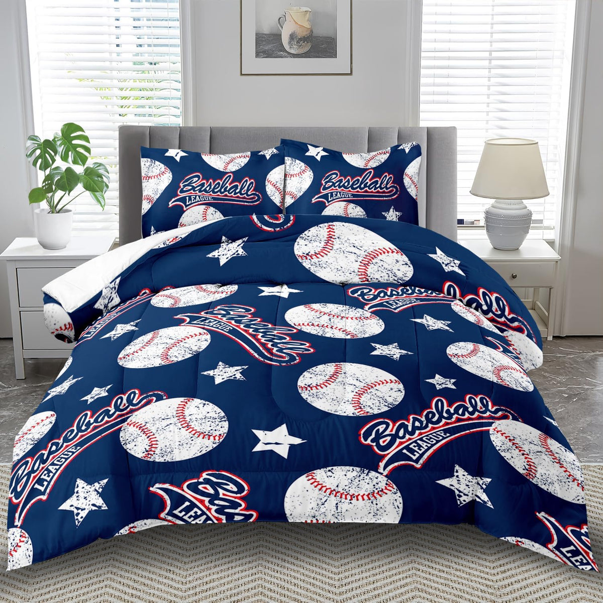Baseball Comforter Set Full,Sports Bedding Sets for Boys,Blue Sports Comforter Full Bedroom