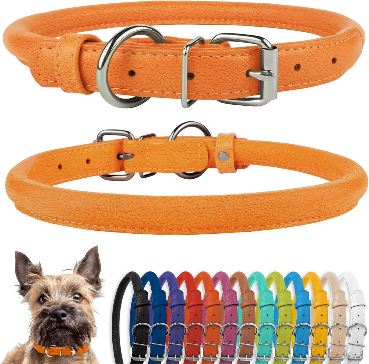 CollarDirect Rolled Leather Dog Collar, Soft Padded Round Puppy Collar, Handmade Genuine Leather