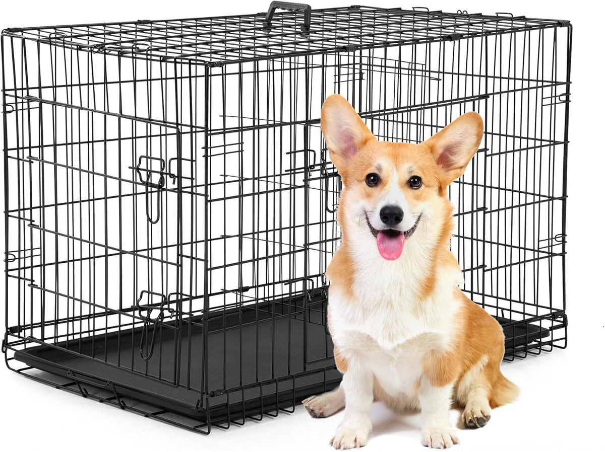 BestPet | Dog Crate | 30" | Black | Foldable Metal Kennel with Double Doors, Secure Slide-Bolt