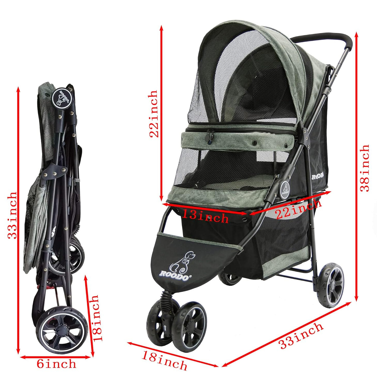ROODO 3 Wheel Dog Pet Cat Stroller Best Lightweight Foldable Compact Portable Jogger All Terrain