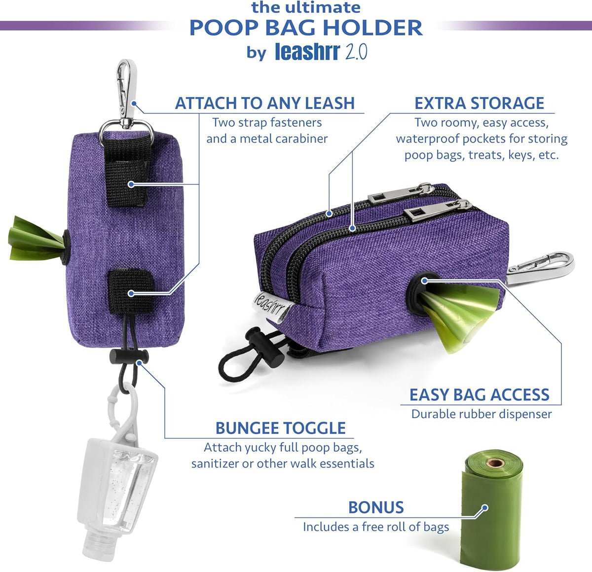 Dog Poop Bag Holder for Leashes - Dog Poop Bag Dispenser and Treat Holder with 2 Waterproof Pouches