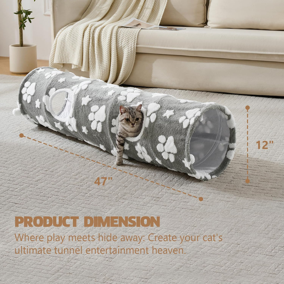 Straight Cat Tunnel for Indoor Cats 47"x12", Cute Cat Toys Collapsible Tunnel Tube with Balls for