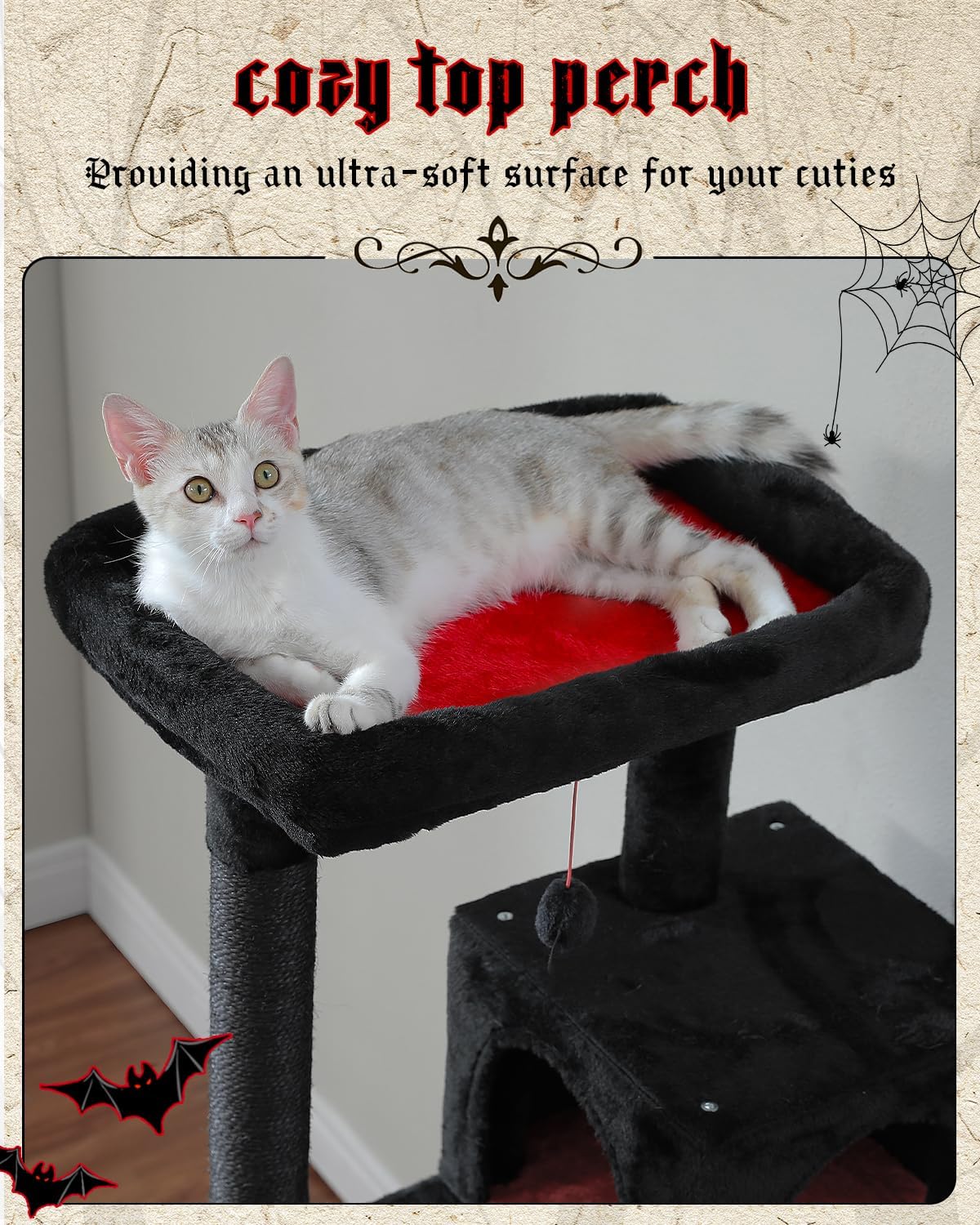 Gothic Cat Tree with Super Large Hammock, 56.3" Black Cat Tower with Coffin Bed, Cat Condo, Sisal