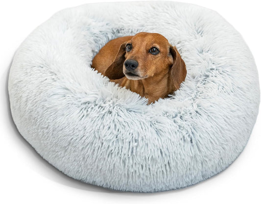 Best Friends by Sheri Original Calming Donut Dog and Cat Bed, Shag Faux Fur, Frost Gray, (23in x