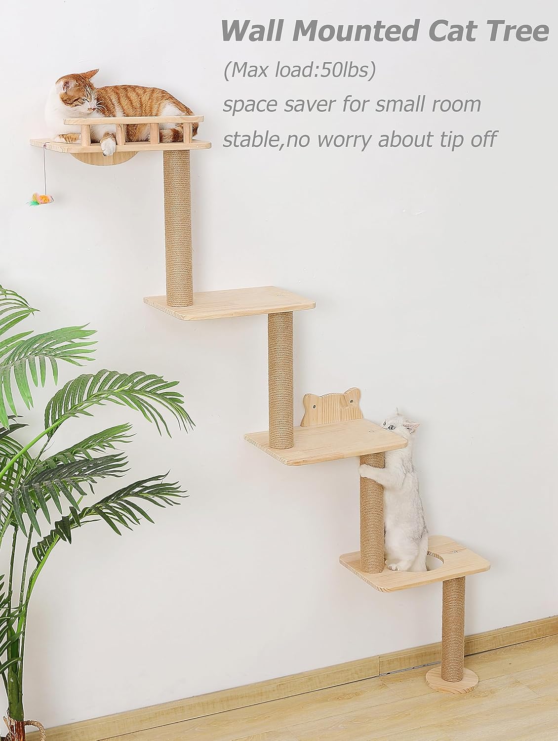 Cat Tree Wall Mounted with 4 Levels Shelves, 73" Wood Corner Tower Inside Kitten Playground for