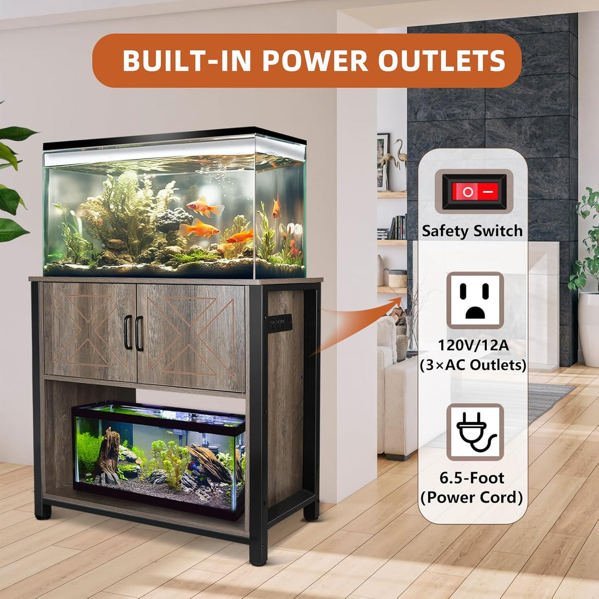 40 Gallon Aquarium Stand with Cabinet & Power Outlets, Heavy Duty Metal Stand for 40-50 Gallon
