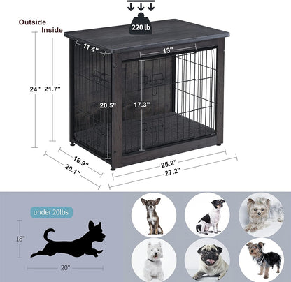 DWANTON Dog Crate Furniture with Cushion, Wooden Kennel Table with Double Doors, Indoor Dog House