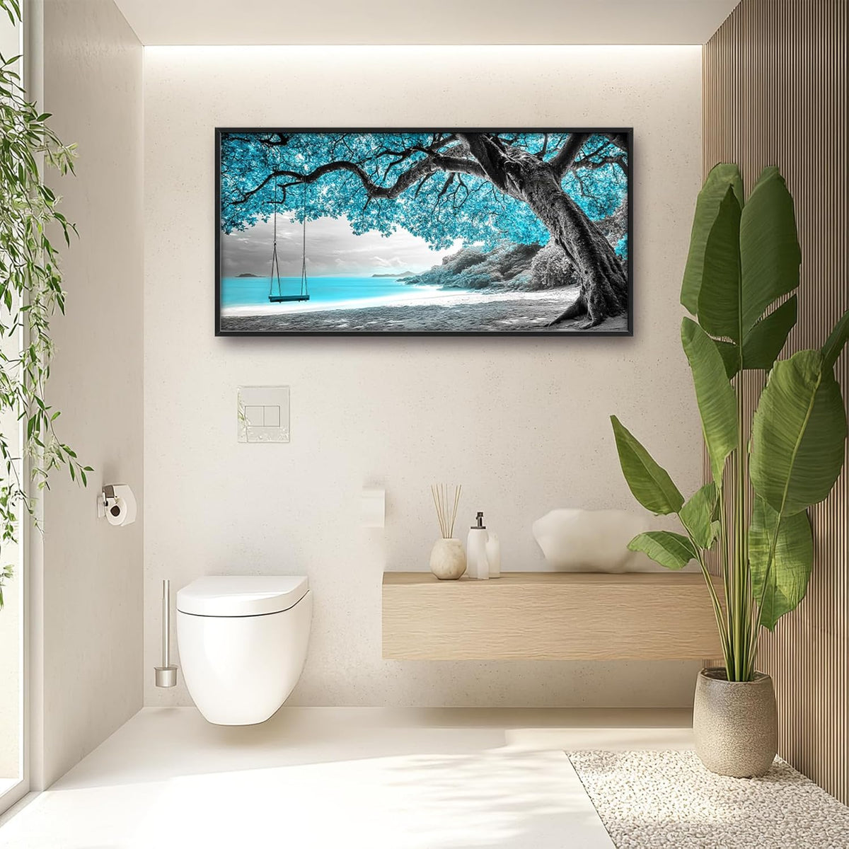 Extra Large Framed Abstract Tree Wall Art,Black and White Tree of Life Wall Decor,Blue Teal Sea