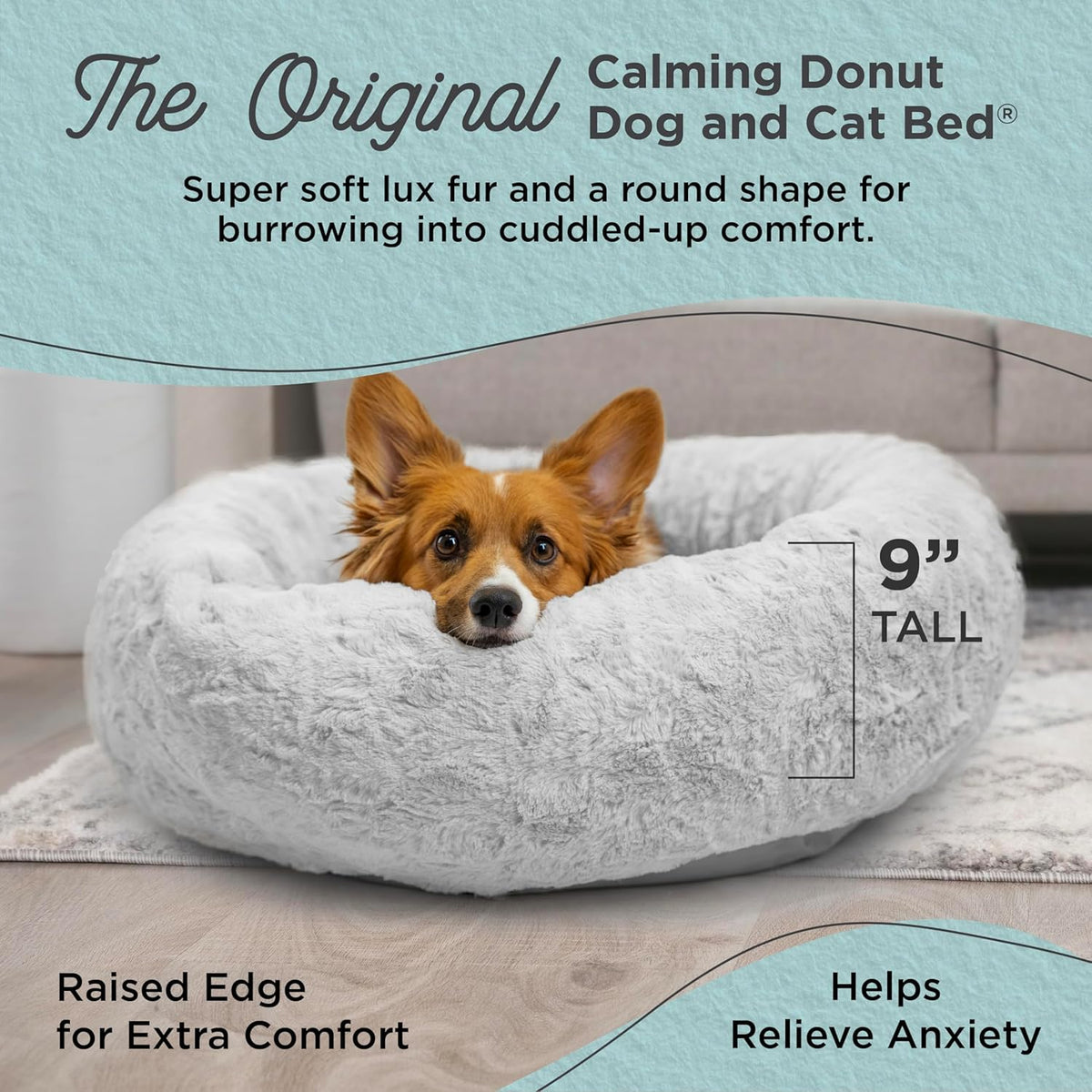 Best Friends by Sheri Original Calming Donut Dog and Cat Bed, Lux Faux Fur, Gray, (30in x 30in)