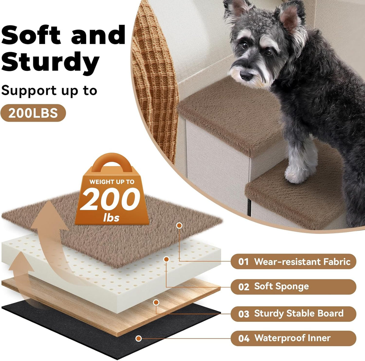 Dog Stairs with Furry Lids 18" H, 3-Step Wider Dog Steps with Storage for Small/Medium/Large Old