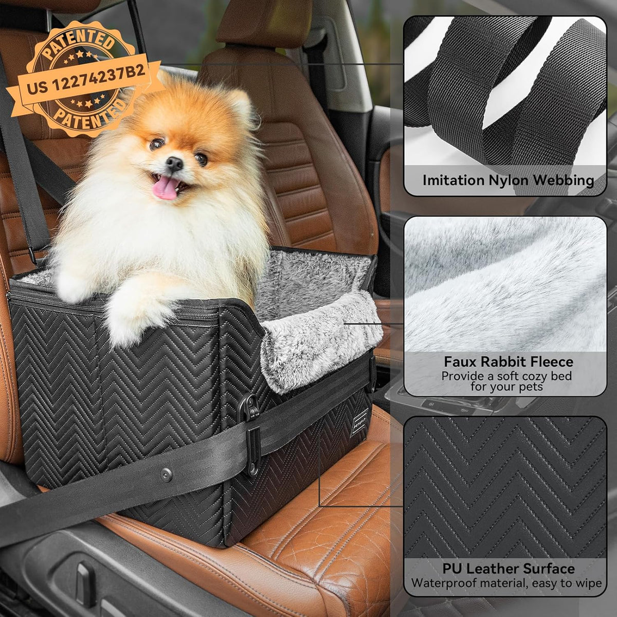 PETSFIT Small Dog Car Seat, Waterproof PU Leather Dog Carseat with Patent Safe Buckles, Clip-On