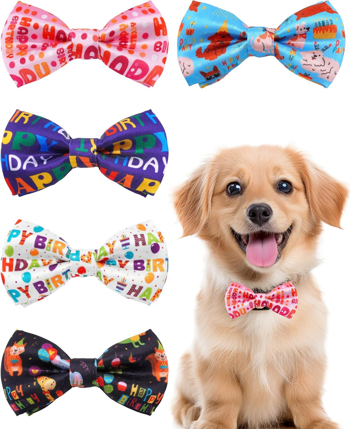 PET SHOW 5 Pack Happy Birthday Small Dog Bow Ties Sliding Collar Attachment Puppies Cats Pet
