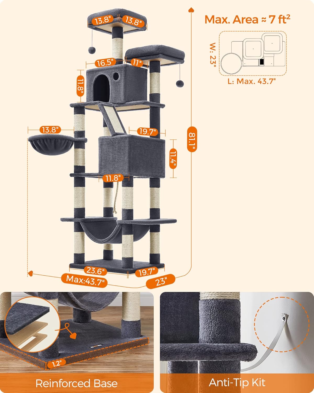 Feandrea Cat Tree, 81.1-Inch Large Cat Tower with 13 Scratching Posts, 2 Perches, 2 Caves, Basket