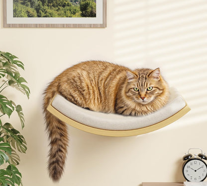 Wood Cat Wall Shelf with Soft Foam Cushion, Curved Cats Wall Bed for Large Cats, Floating Cat Perch