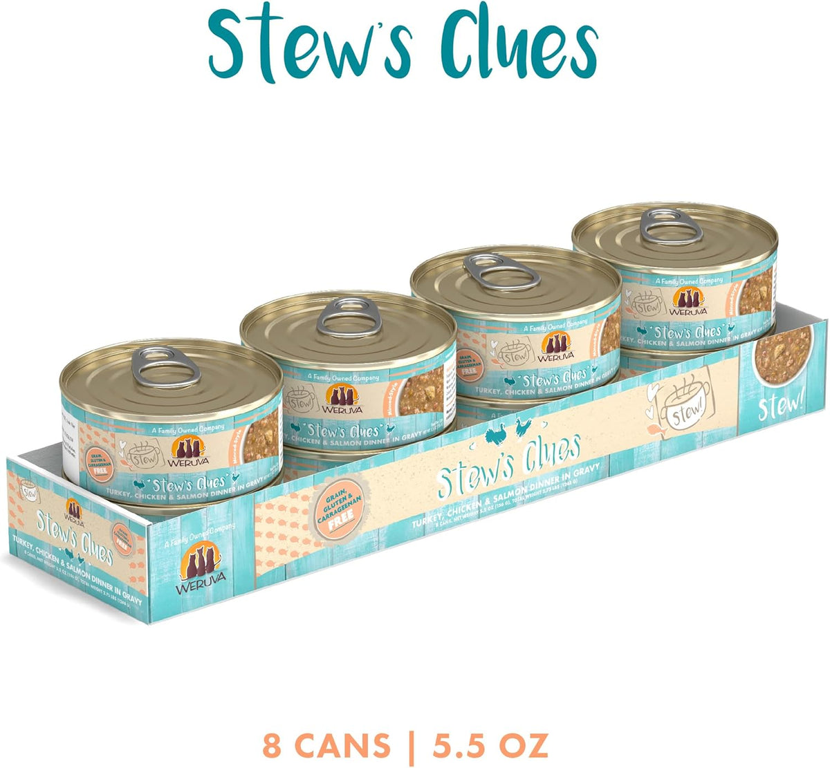 Weruva Classic Cat Stews!, Stew's Clues with Turkey, Chicken & Salmon in Gravy, 5.5oz Can (Pack of