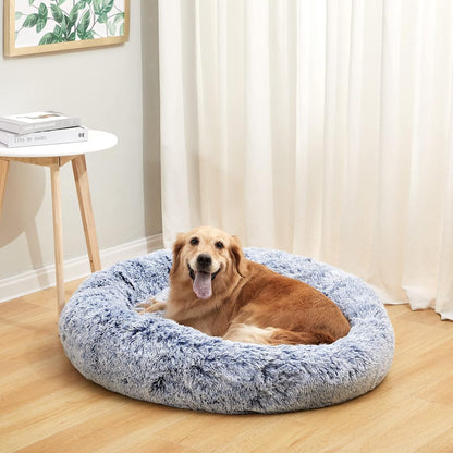 Bedfolks Calming Donut Dog Bed - 36 Inch Round Plush Beds for Large Dogs, Anti-Anxiety Machine