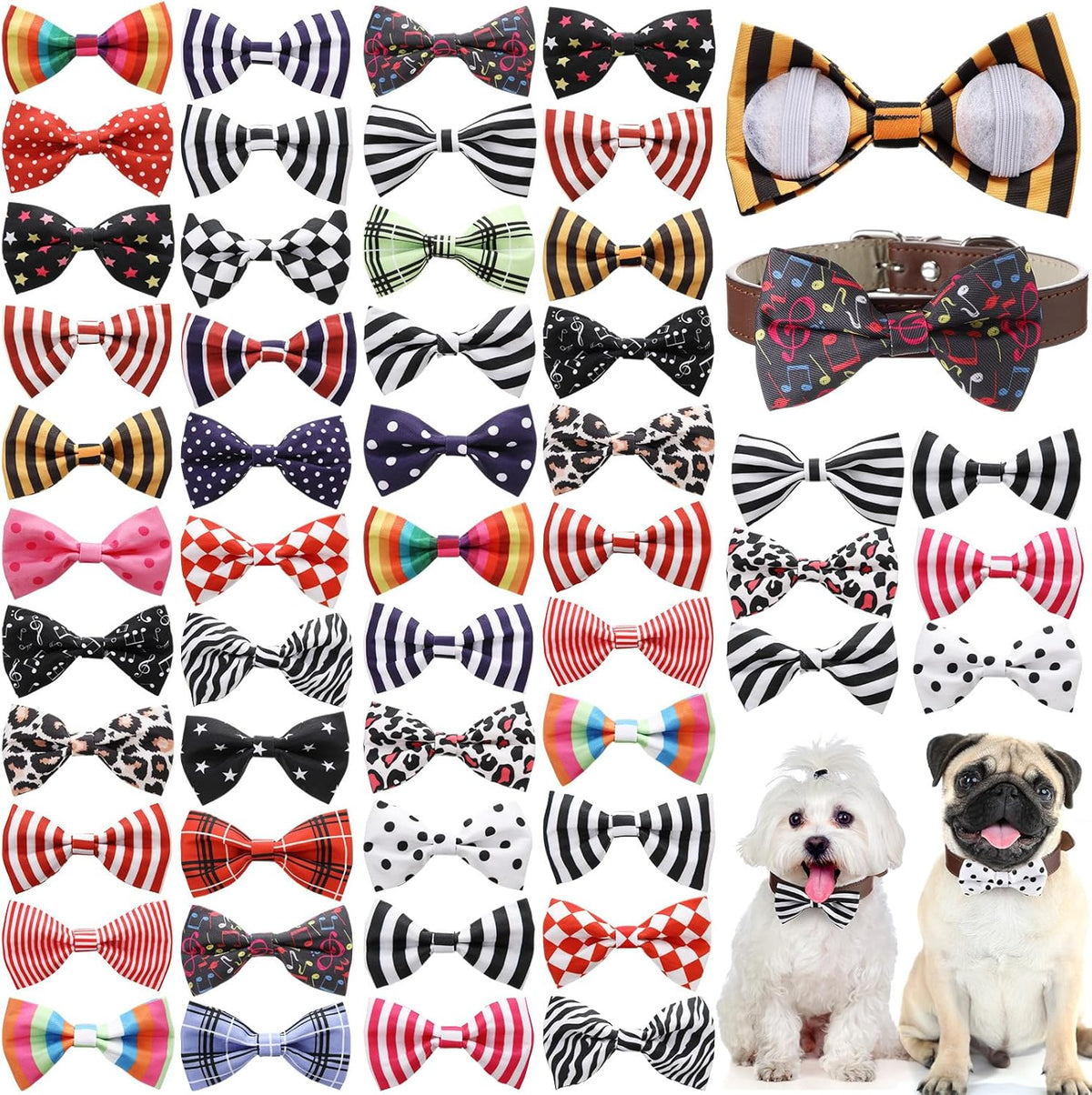 Reginary 50 Pieces Dog Bow Ties Pet Collar Bow Puppy Collar Attachment with Rubber Bands for Small