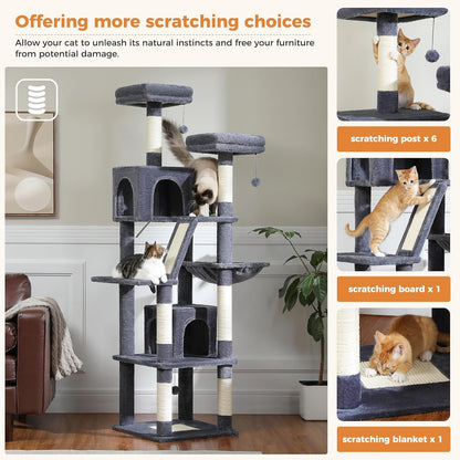 PAWZ Road 70 Inch Cat Tower, Tall Cat Tree with 2 Cozy Condos, 2 Plush Perch, Large Basket, 2