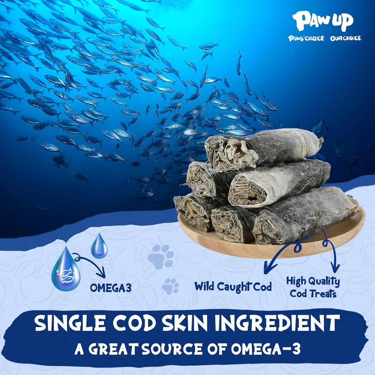 Cod Skin Dog Treats - Natural Fish Roll Snacks w/Taurine, Single Ingredient Chews, Rich in Omega 3