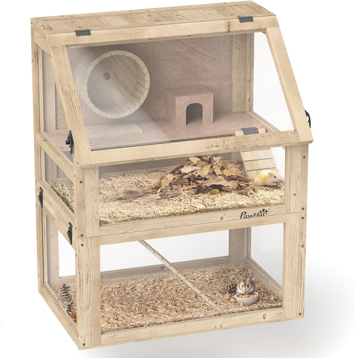 PawHut Wooden Hamster Cage, 3 Tier Small Animal Cage with Detachable 12.6" Deep Bottom, Hut