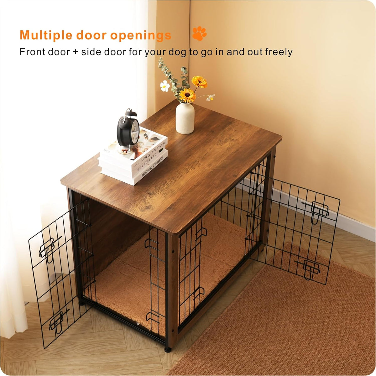 DWANTON Dog Crate Furniture with Cushion, Wooden Kennel Table with Double Doors, Indoor Dog House