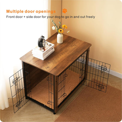 DWANTON Dog Crate Furniture with Cushion, Wooden Kennel Table with Double Doors, Indoor Dog House