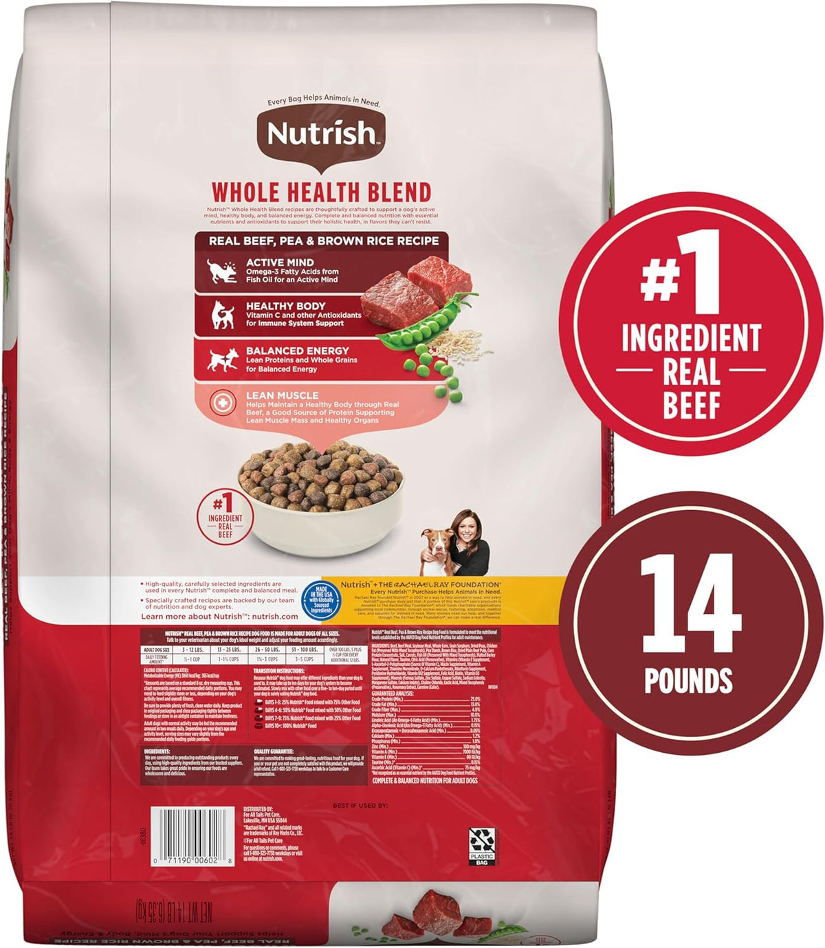 Nutrish Real Beef, Pea & Brown Rice Recipe Whole Health Blend Dry Dog Food, 14 lb. Bag, Packaging