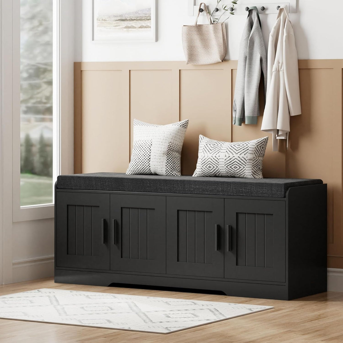 2-Tier Storage Bench, Shoe Bench with Thickened Padded Seat Cushion, Entryway Bench with 4 Doors